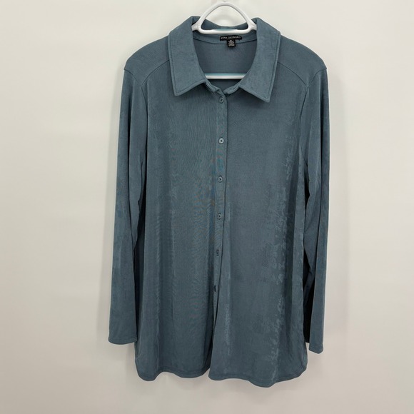 Nina Leonard Tops - Nina Leonard Womens XL Dusty Blue Slinky‎ Knit Button Down Shirt Long Sleeve